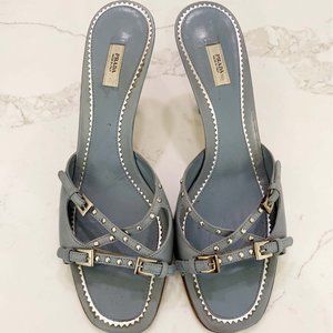 Vintage Prada Kitten Heel Open Toe Mule with studding + buckle detail Lt Blue 40